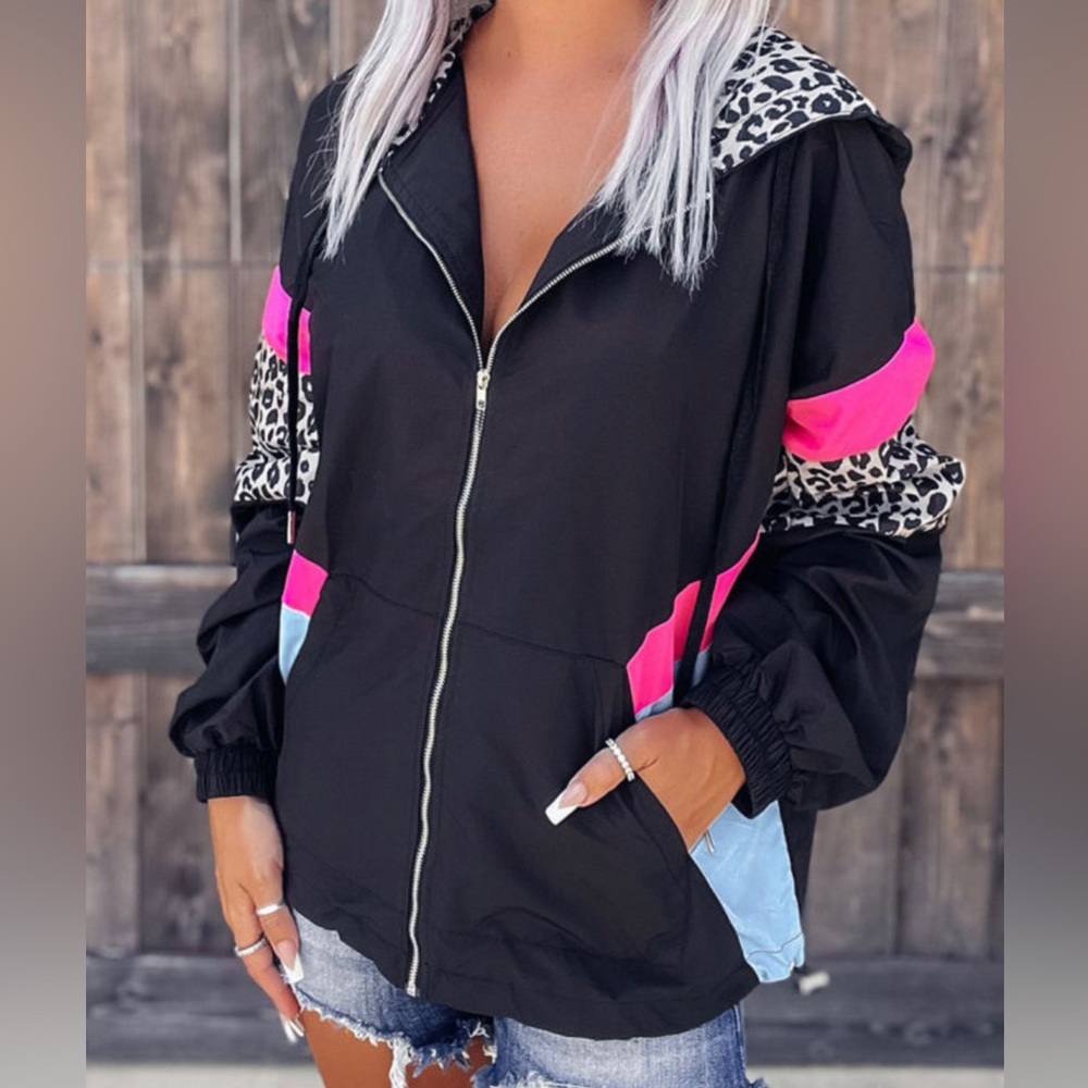 Black/Pink leopard hooded jacket